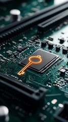 Fototapeta premium Futuristic Cybersecurity Key Symbol on Microchip Motherboard