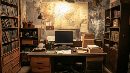 Detective office room with desk. Police station interior with crime evidence. Investigator table with computer design. Sherlock archive with map on wall and research materials in box inside bureau