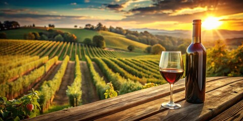 Aerial View of Elegant Glass and Bottle of Red Wine on Rustic Table