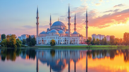 Obraz premium A serene Ramadan morning with the first rays of sunrise illuminating a mosque, with a peaceful sky in shades of orange and pink, capturing the spiritual essence of the holy month