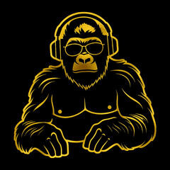 DJのヘッドホンとサングラスを身につけて音楽を聴いているゴリラのゴールドのシルエットイラスト　黒背景の切り抜き