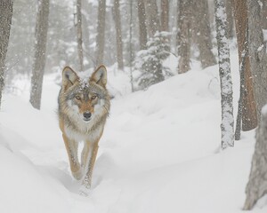 Fototapeta premium Lone wolf walking in snowy forest.