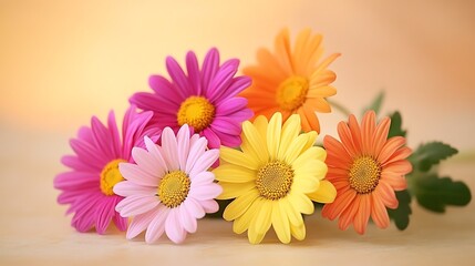 Brightly colored daisies creating a cheerful composition on a cream surface