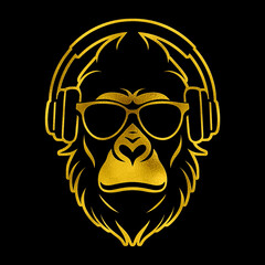Obraz premium DJのヘッドホンとサングラスを身につけて音楽を聴いているゴリラのゴールドのシルエットイラスト 黒背景の切り抜き