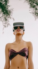 Naklejka premium Woman in VR Headset Virtual Reality Experience Summer Beach