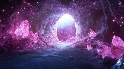 Obraz premium Cartoon cave with pink crystals on stone walls. Vector illustration of underground mine, blue fog glowing in arch door, strange haunted place full of treasure gemstones, adventure game background