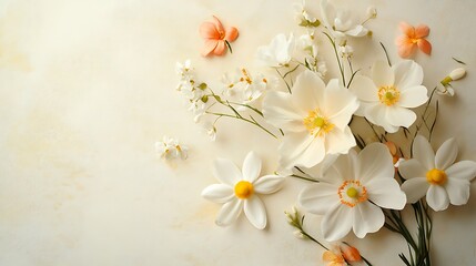 A fresh springtime bouquet styled creatively on a simple cream backdrop