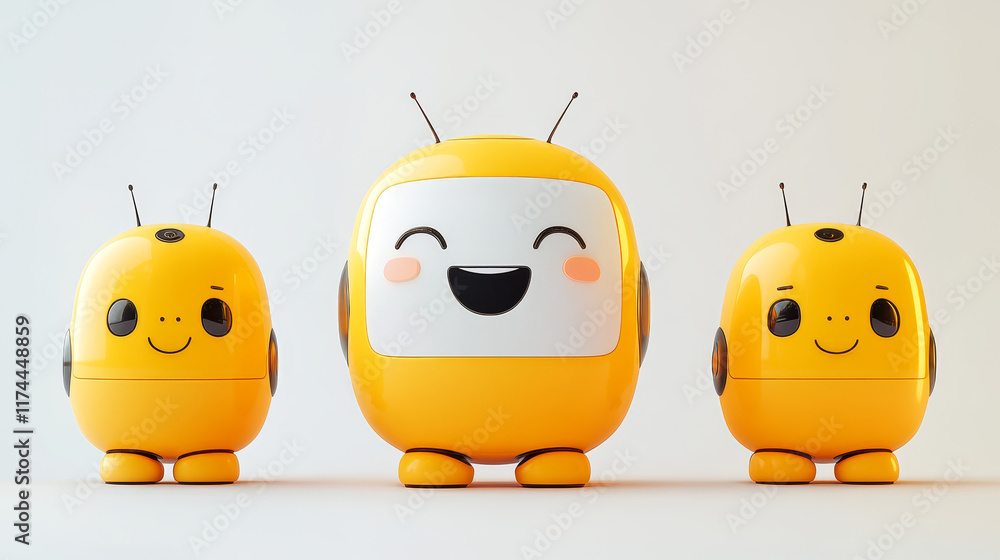Poster cute robot character with smile face. 3d realistic vector set of cartoon funny ai chatbot mascot in 