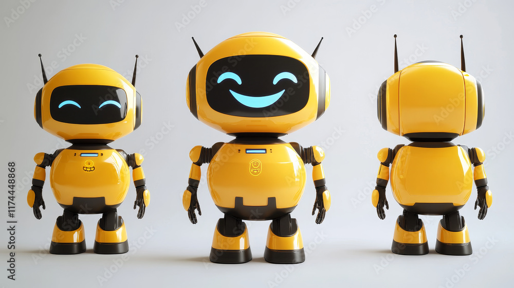 Poster cute robot character with smile face. 3d realistic vector set of cartoon funny ai chatbot mascot in 
