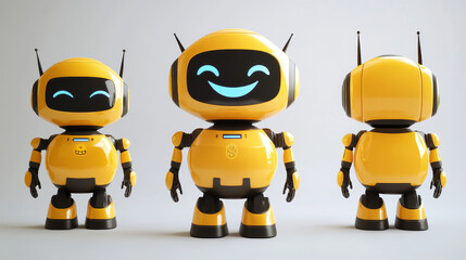 Obraz premium Cute robot character with smile face. 3d realistic vector set of cartoon funny ai chatbot mascot in different poses. Artificial intelligence electronic agent. Friendly digital support assistant.