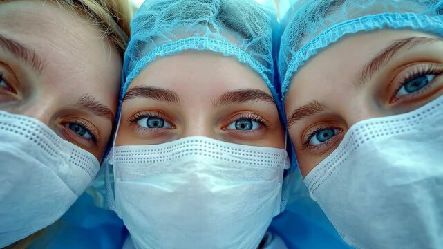 Healthcare professionals display teamwork and dedication in medical environment with smiles behind masks