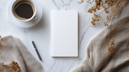 A to-do list with a white cover, placed flat on the desktop, next to a pen and a cup of coffee, suitable for productivity and organizational concepts in work or personal planning.