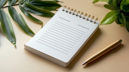 Fototapeta premium A to-do list with a white cover, placed flat on the desktop, next to a pen and a cup of coffee, suitable for productivity and organizational concepts in work or personal planning.