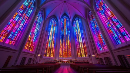 A magnificent interior of a cathedral with vibrant, multicolored stained glass windows reaching towards a vaulted ceiling, casting ethereal light and creating a serene, spiritual atmosphere