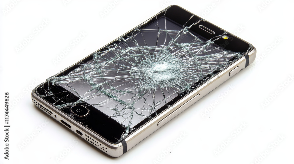 Poster mobile phone with broken screen front and side view, smashed smartphone, shattered electronics devic