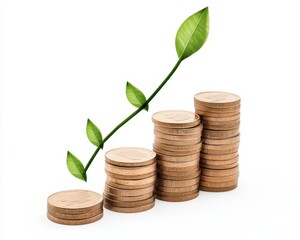 Coins stacked in growth formation, representing financial success and sustainability.