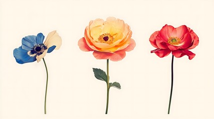 A trio of flowers in different vibrant shades placed side by side on a cream backdrop