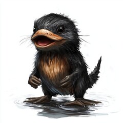 Adorable and Whimsical Bird-Like Creature with a Playful Expression Standing in Shallow Water