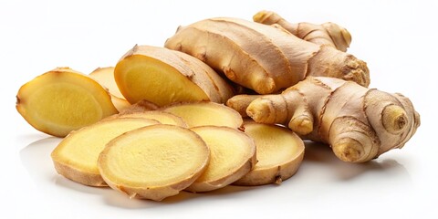 Aerial View of Raw Ginger Root Pieces: Whole, Sliced, and Thinly Sliced on White Background