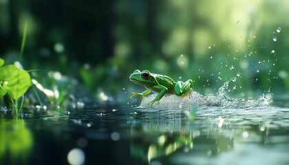A vibrant frog leaps through a shimmering pond surrounded by lush greenery.