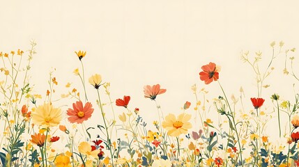 A spring meadow effect recreated with bright blossoms on a cream background