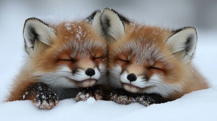 Obraz premium Two sleeping foxes nestled in snow, showcasing their peaceful nature.