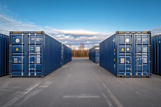 A Row of Blue Shipping Containers Surrounded by Clear Sky and Open Space in a Storage Yard, Ideal for Industrial and Logistics Themes