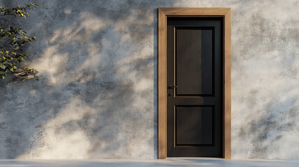 3d room door. House entrance wood frame on wall background. Home interior design with one closed black doorway and handle front view. Lock apartment entry mockup for hotel. Business banner render