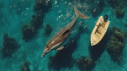 A dolphin swims near a small boat in clear turquoise waters.