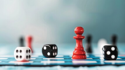 A close-up of a red pawn surrounded by dice on a game board, symbolizing strategy and chance in tabletop gaming.