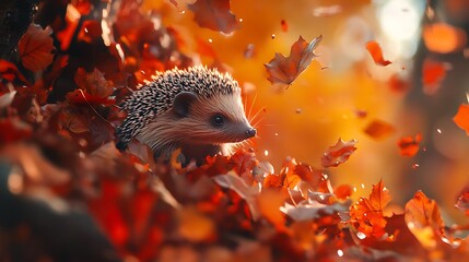 Autumn Hedgehog in Falling Leaves: A Serene Forest Scene