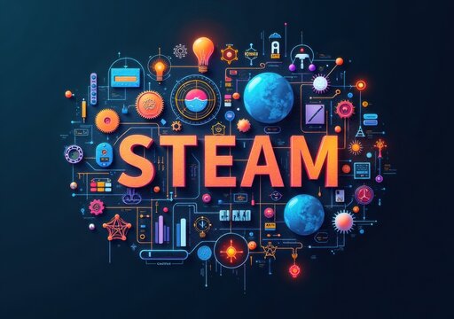 Creative representation of STEAM concepts with vibrant illustrations and icons