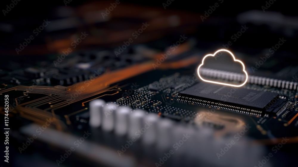Poster futuristic cloud computing microchip data storage network