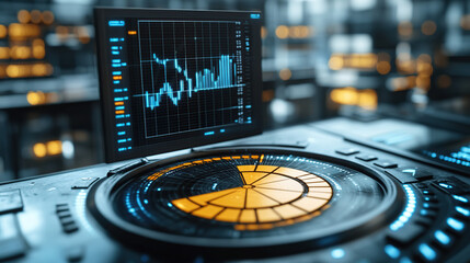 Futuristic technological device displays financial data and market analysis