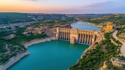 Fototapeta premium Aerial View of a Modern Dam Surrounded by Lush Greenery and Serene Water Bodies at Sunset Overlooking a Vibrant Natural Landscape