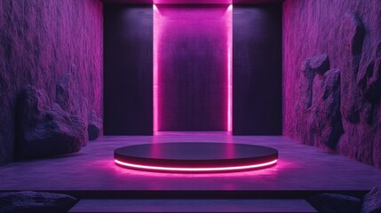 Futuristic display podium in a vibrant purple room &ndash; perfect for branding, marketing, and product mockups.