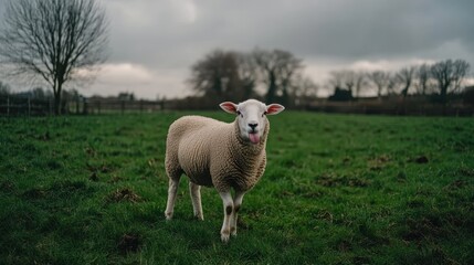 Obraz premium Charming Sheep in Serene Green Pasture Under Overcast Sky with Trees in Background, Capturing the Essence of Rural Landscape and Nature's Beauty