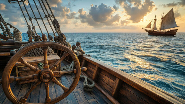 Old pirate ship deck view with steering wheel background. Wood sail boar in sea. Antique galleon vessel with net and treasure chest. Summer adventure on battleship game landscape illustration