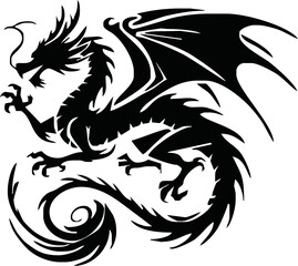 Black dragon icon. Black silhouette icon. Asian style tattoo template isolated on white background