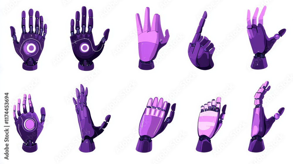 Poster android robot hand in different gestures - waving and peace, fist and heart shape. cartoon vector il