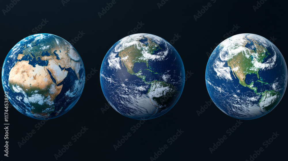Aufkleber earth planet cartoon 3d turnaround animation sprite sheet. isolated globe model with oceans, mainlan