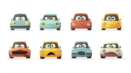 Naklejka premium Cartoon car characters express happy or sad emotions, cute automobile emoticons with smiling face, unhappy transport with broken windshield isolated on white background, Vector illustration, icons set