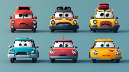 Cartoon car characters express happy or sad emotions, cute automobile emoticons with smiling face, unhappy transport with broken windshield isolated on white background, Vector illustration, icons set