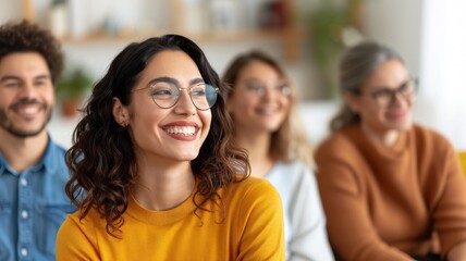Obraz premium A smiling woman in a cozy sweater sits among a group of diverse individuals, conveying a sense of engagement and positivity in a relaxed setting.