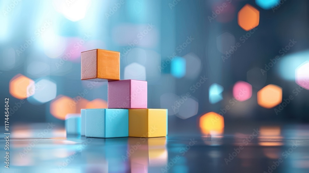 Poster a vibrant arrangement of colorful blocks against a blurred background, creating a playful and modern