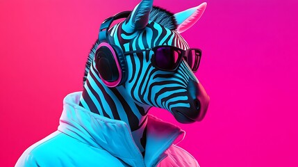 A fantasy character with the head of a zebra listening to music with headphones and sunglasses on in a white jacket against a bold pink and blue backdrop