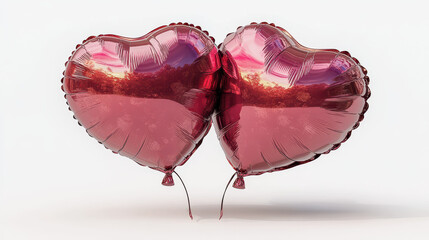 Two shiny red heart balloons float on a white background, symbolizing love and joy. Ideal for use in romance-themed events, celebrations, and decorations