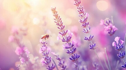 Obraz premium Close-Up of a Bee Pollinating Vibrant Lavender Flowers in a Softly Lit Garden, Capturing the Essence of Nature's Harmony and Life Cycle in a Beautiful Spring Setting