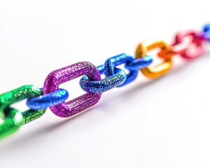 Colorful metallic chain links against a white background, symbolizing connection and unity.