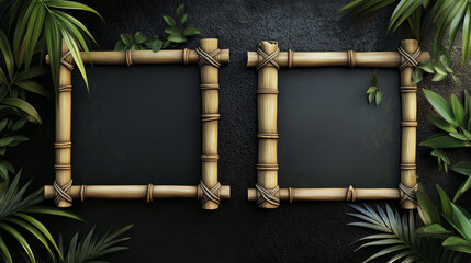 Realistic set of bamboo wood and paper signboards with tropical green leaves isolated on black background. Vector illustration of announcement, menu, map, information board templates for game ui